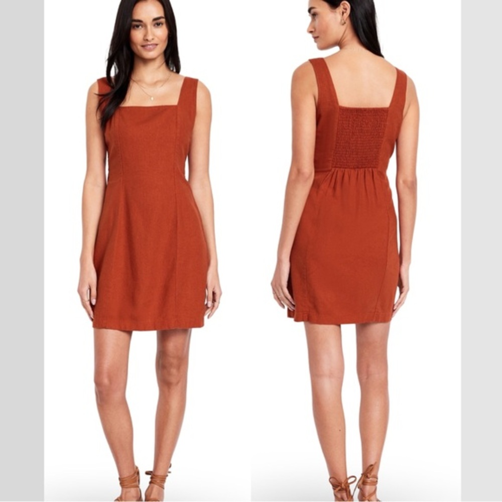 NWTS🍃GAP OLD NAVY XL🍃BRONZE AMBER SQUARE NECK LINEN DRESS W STRAPS BACK SMOCKING - Picture 2 of 15